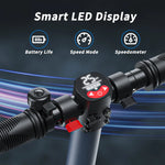 250W 15MPH 15Mi range electric scooter E-scooter LED display showing speed, battery life and speed settings on handlebars.