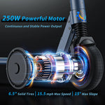 250W 15MPH 15Mi range electric scooter front hub motor diagram showing cooling fins and coils in E-scooter front wheel with shock absorber and conformal tire.