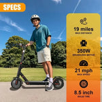 Electric Scooter Adults, 19mi range, 350w hub motor, 21mph top speed, 8.5 inch urethane wheels; shown with a person standing on it and the kickstand down.