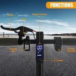 Electric scooter display and knob with all indicators illuminated and showing handlebar features.