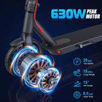 High power motor specifications overlaid on blown up diagram of a brushless hub motor to show max grade, tire size, top speed, and 18Mi range.