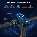 LED display on E-scooter for urban city riding showing speed, mileage, battery level, headlight status and cruise control on handlebars of fast electric scooter.