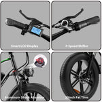 25MPH Top Speed 30Mi Range 1000W 20 inch Fat Tire Electric Bike