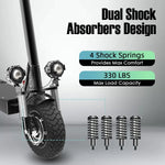 Image showcasing 4 shock absorbers on front wheel of insane 3200W 45mph electric scooter with dual headlights and LCD display.