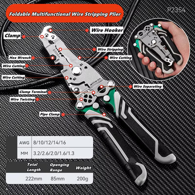 Multifunctional Wire Stripper with Electrical Test Pen Foldable Cable Cutter Crimper Tool, Electrical Folding Pliers for Cutting