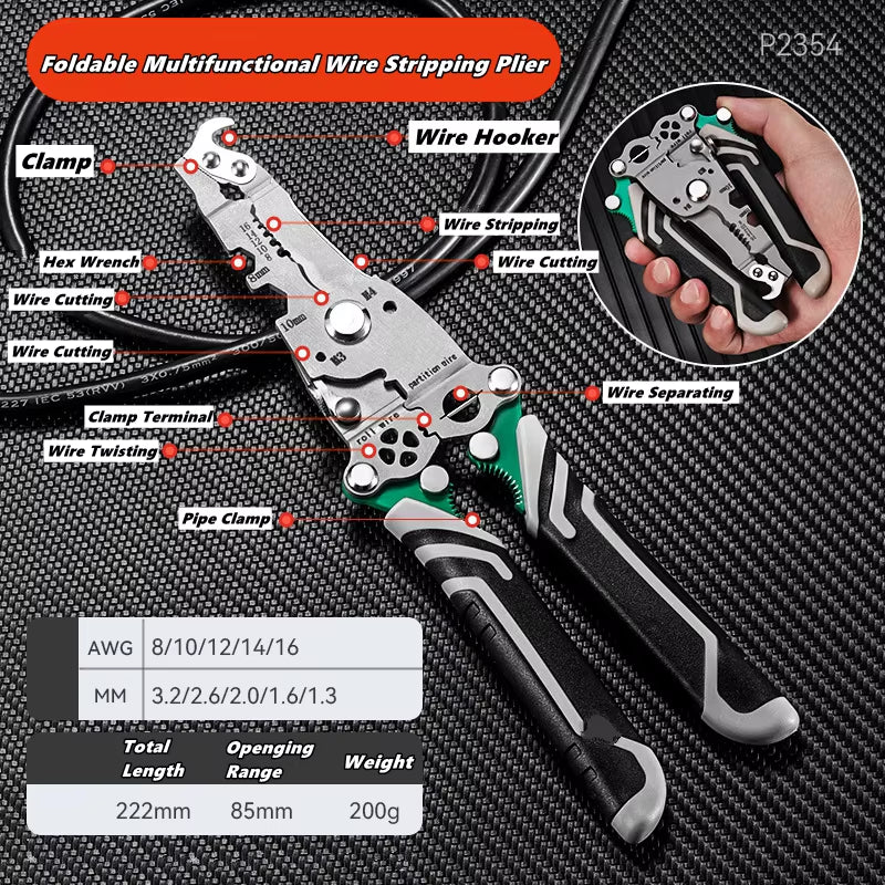 Multifunctional Wire Stripper with Electrical Test Pen Foldable Cable Cutter Crimper Tool, Electrical Folding Pliers for Cutting