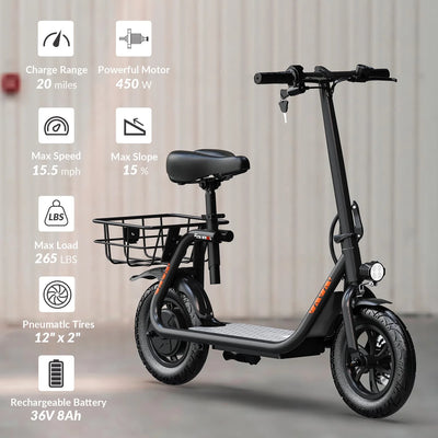 16MPH 20Mi Range 450W Electric Scooter with Seat and Basket