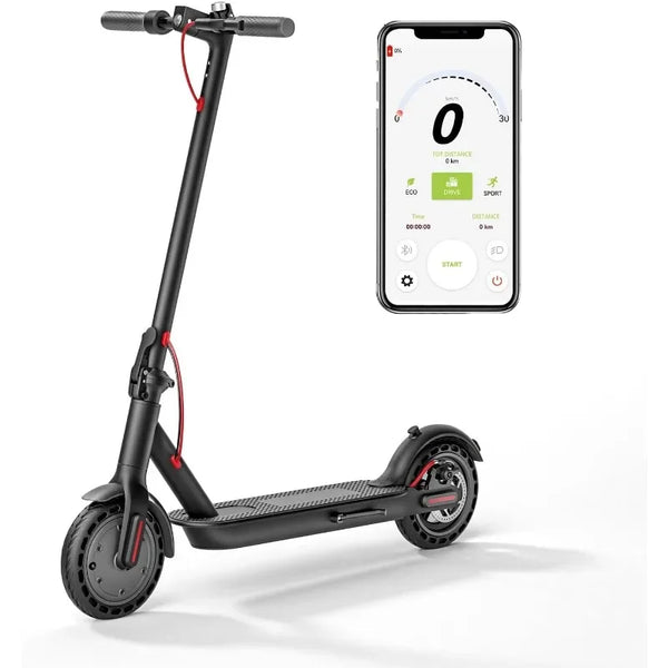 Black / gray electric scooter on a white background with a smartphone demonstrating smart features.