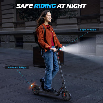 High speed electric scooter front bright LED headlight and automatic LED tail light demonstration image in city environment.