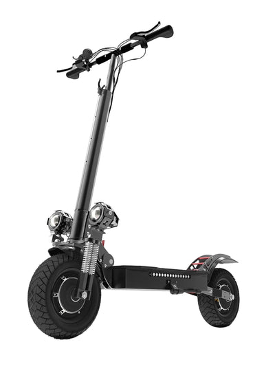 60V 3200W 46 MPH 50 Mi Range Electric Scooter off road capable side view with dual shocks and dual headlights
